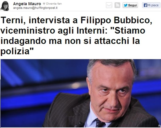 Terni, Bubbico difende la Polizia 
Attraverso la rete piovono critiche