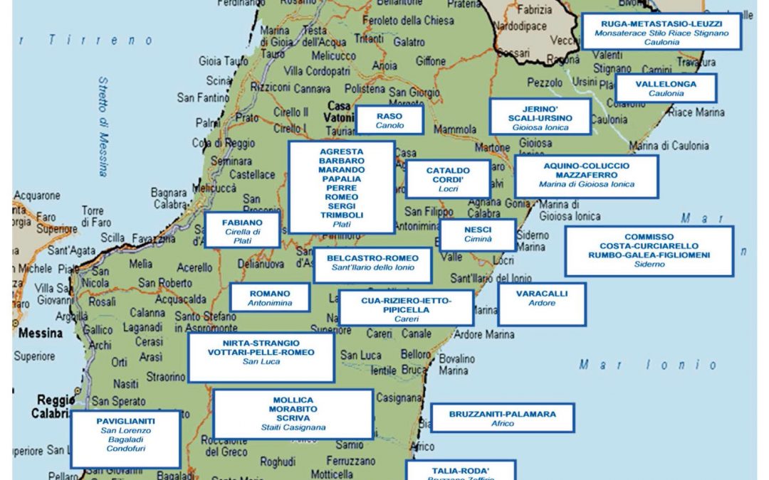 La mappa delle cosche di ‘ndrangheta
disseminate sul territorio calabrese