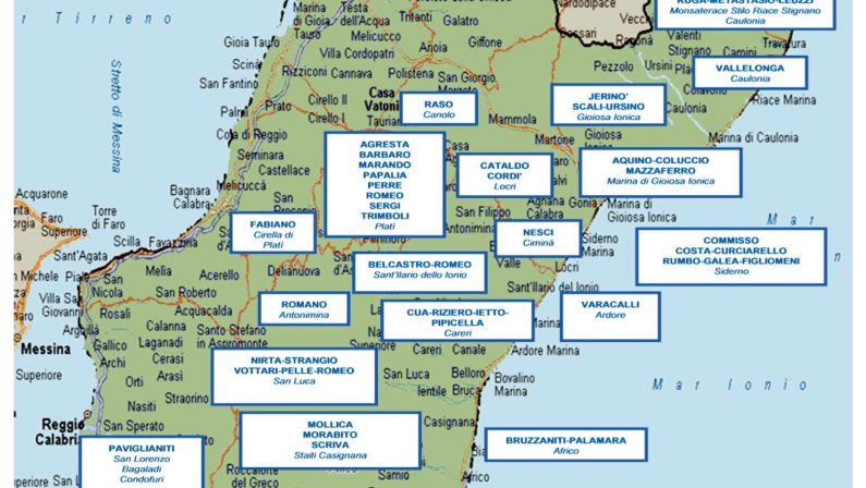 La mappa delle cosche di ‘ndrangheta
disseminate sul territorio calabrese