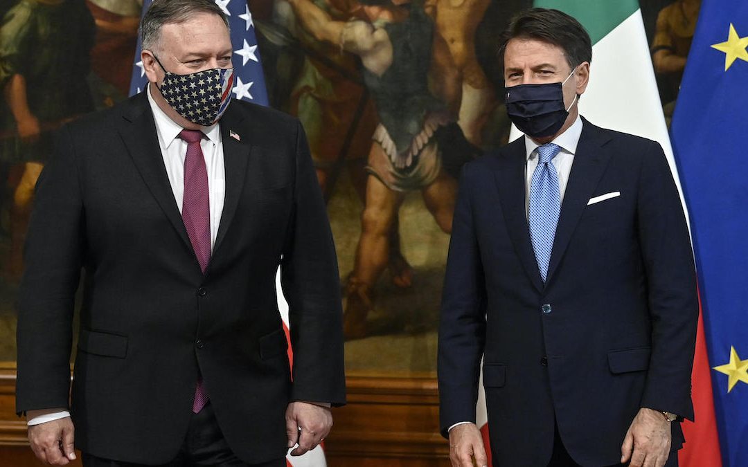 Il segretario di Stato Usa Mike Pompeo e il premier Giuseppe Conte (Foto Riccardo Antimiani/LaPresse)