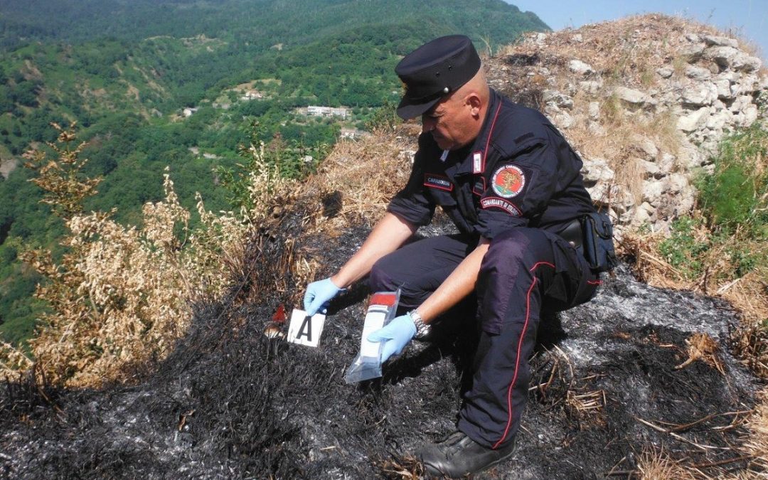 Un carabiniere sul luogo di uno degli incendi