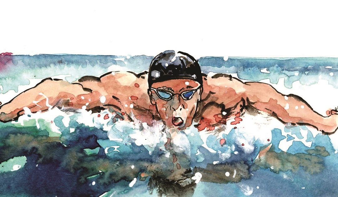 Michael Fred Phelps in una illustrazione di Roberto Melis