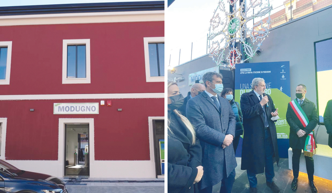 Nuova stazione Fal Modugno; a fianco un momento dell’inaugurazione