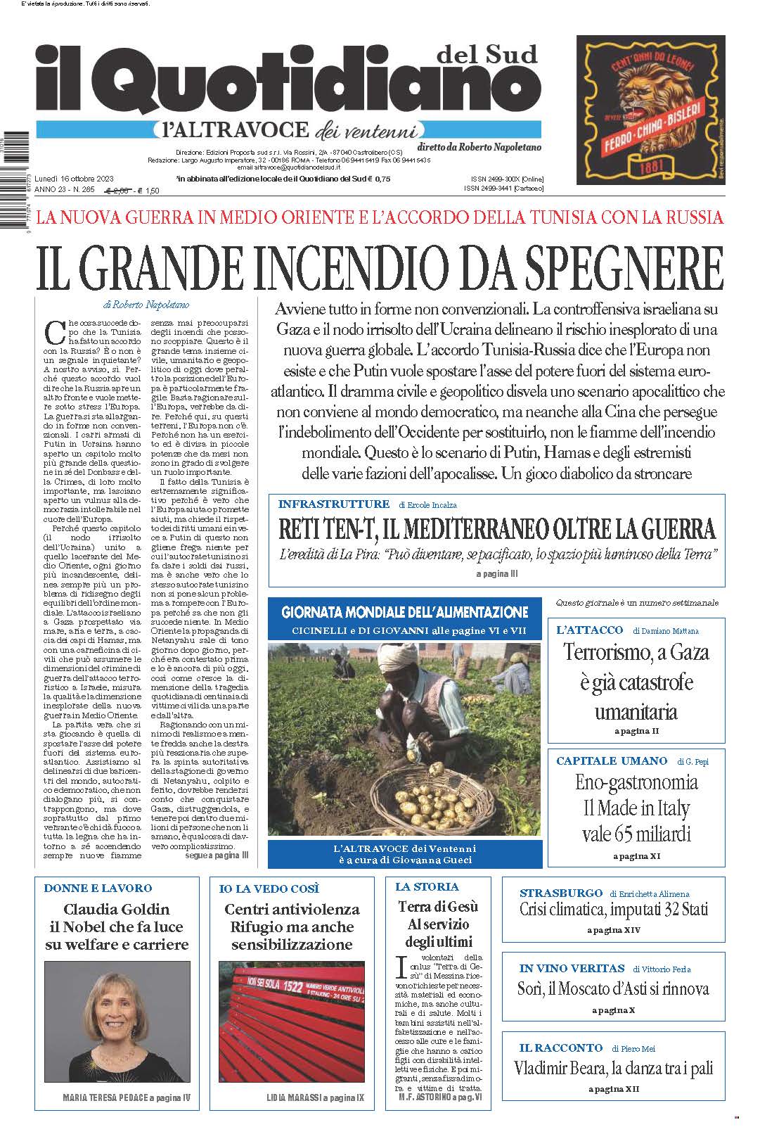 La prima pagina de l’ALTRAVOCE dell’ITALIA in edicola oggi