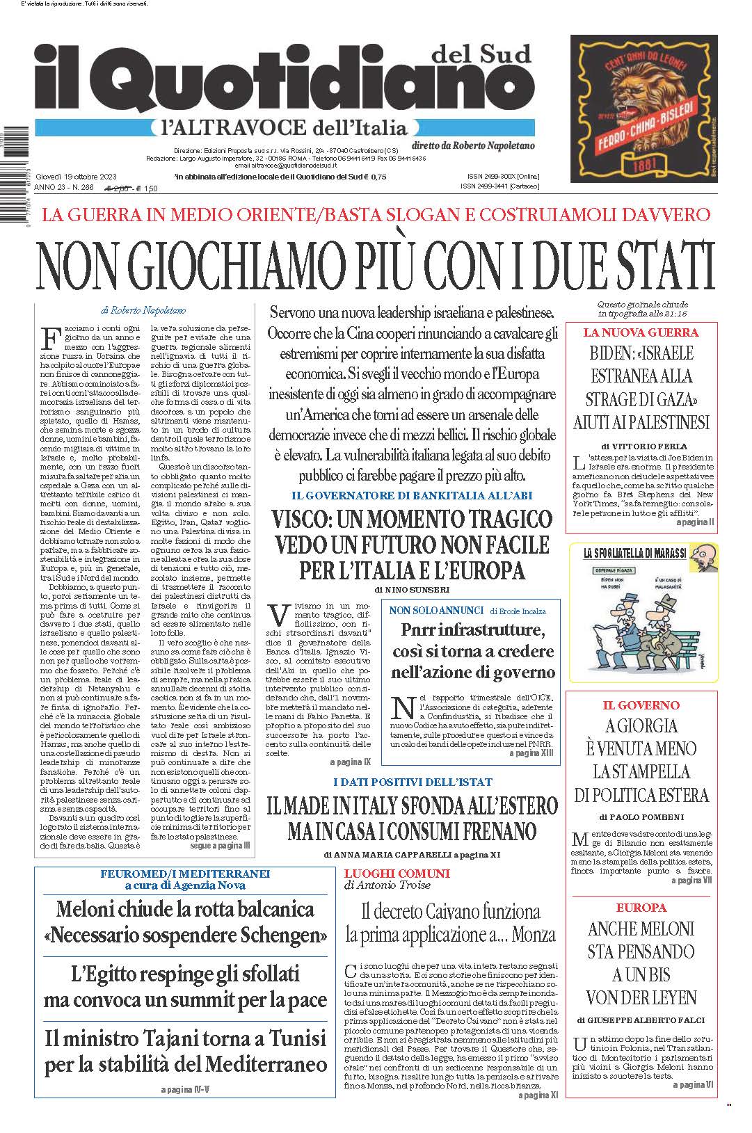 La prima pagina de l’ALTRAVOCE dell’ITALIA in edicola oggi