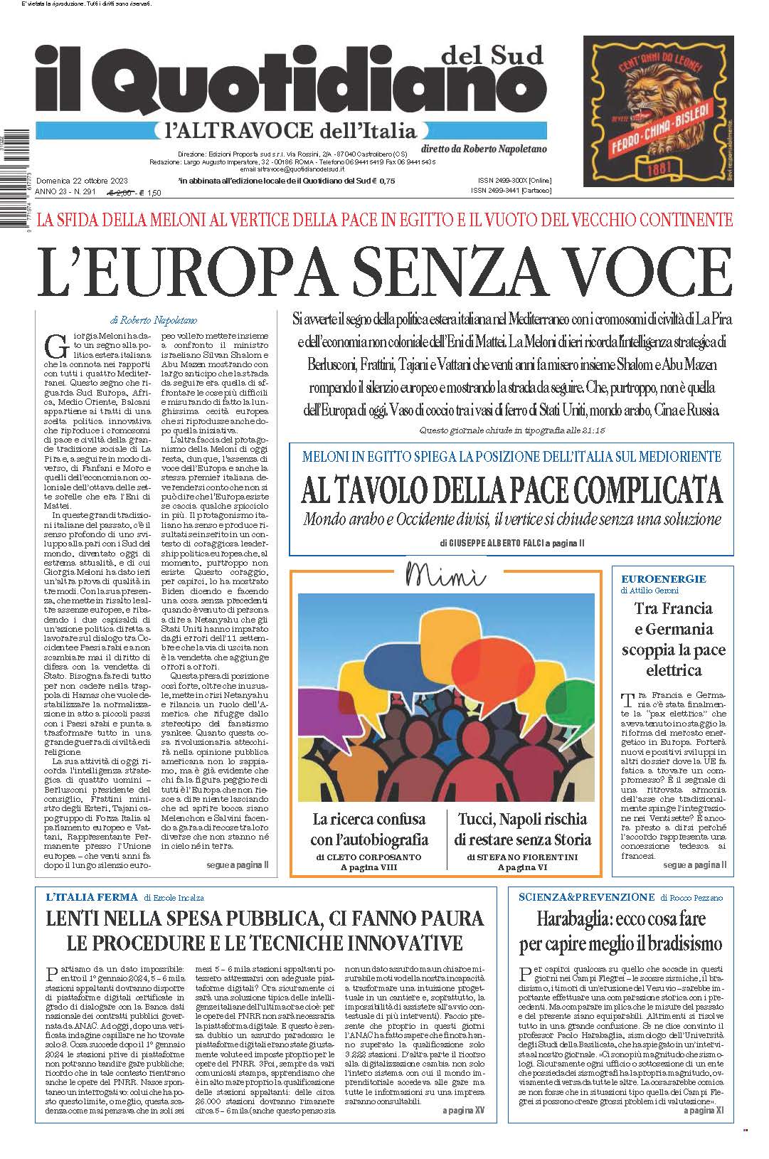 La prima pagina de l’ALTRAVOCE dell’ITALIA in edicola oggi