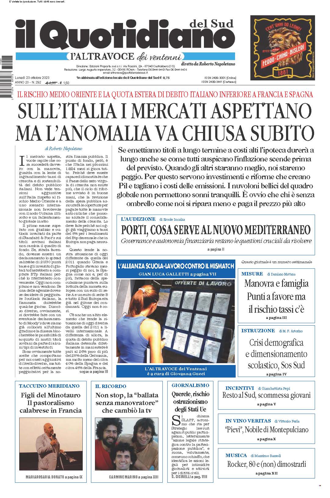 La prima pagina de l’ALTRAVOCE dell’ITALIA in edicola oggi