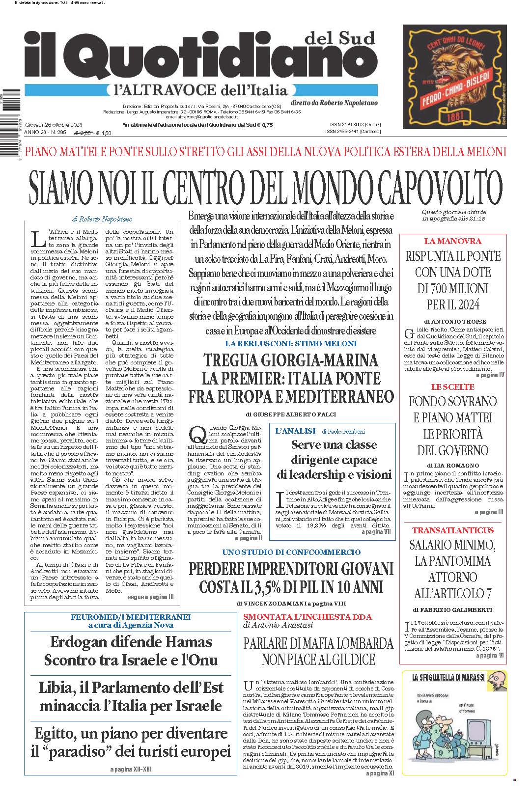 La prima pagina de l’ALTRAVOCE dell’ITALIA in edicola oggi