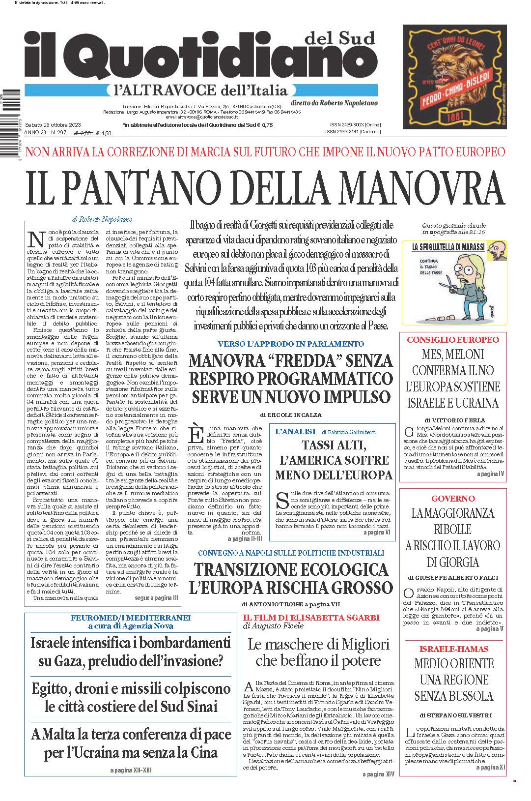 La prima pagina de l’ALTRAVOCE dell’ITALIA in edicola oggi