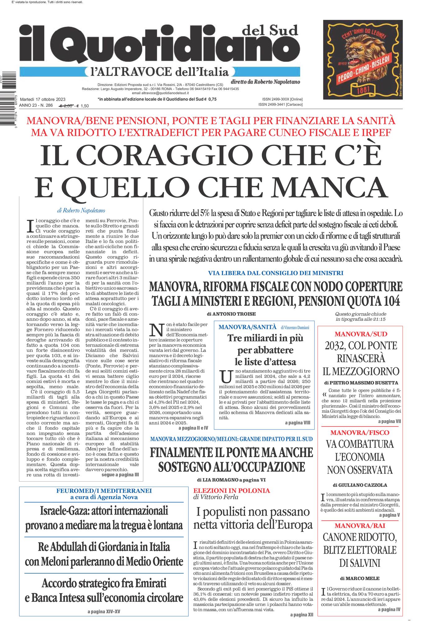 La prima pagina de l’ALTRAVOCE dell’ITALIA in edicola oggi