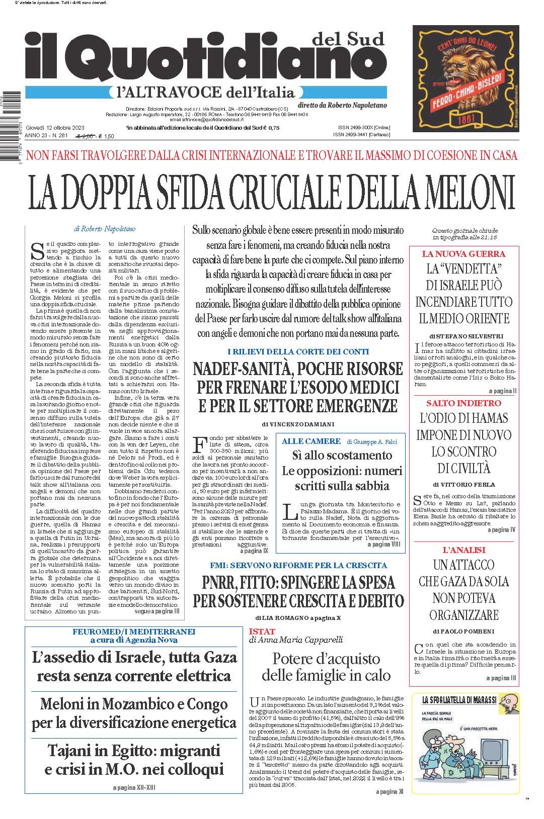 La prima pagina de l’ALTRAVOCE dell’ITALIA in edicola oggi