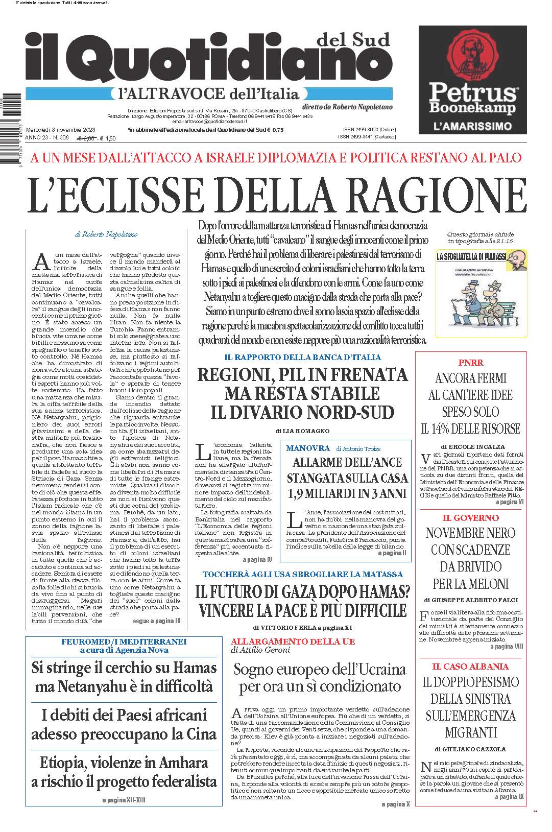 La prima pagina de l’ALTRAVOCE dell’ITALIA in edicola oggi