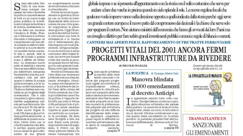 La prima pagina de l’ALTRAVOCE dell’ITALIA in edicola oggi