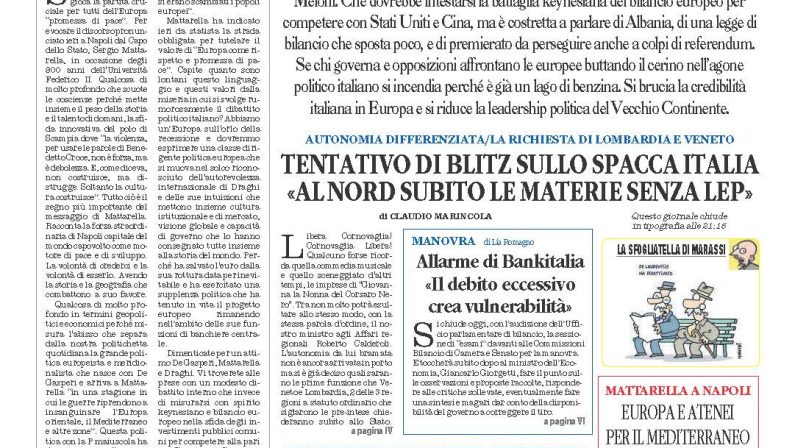 La prima pagina de l’ALTRAVOCE dell’ITALIA in edicola oggi