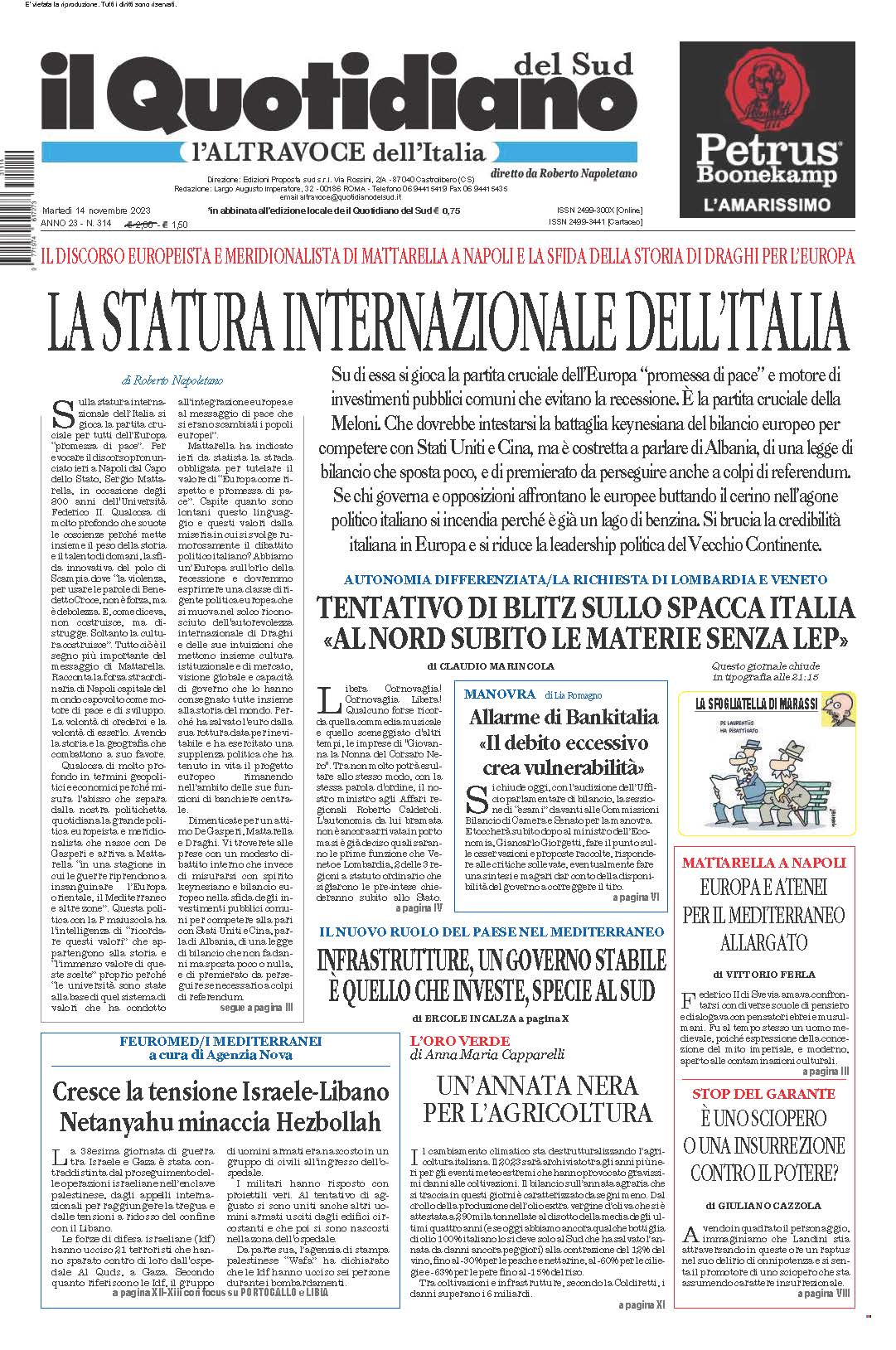 La prima pagina de l’ALTRAVOCE dell’ITALIA in edicola oggi