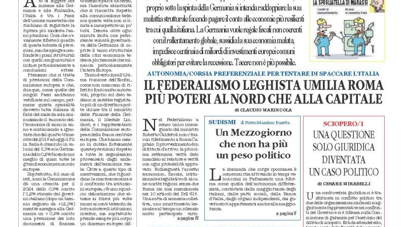 La prima pagina de l’ALTRAVOCE dell’ITALIA in edicola oggi