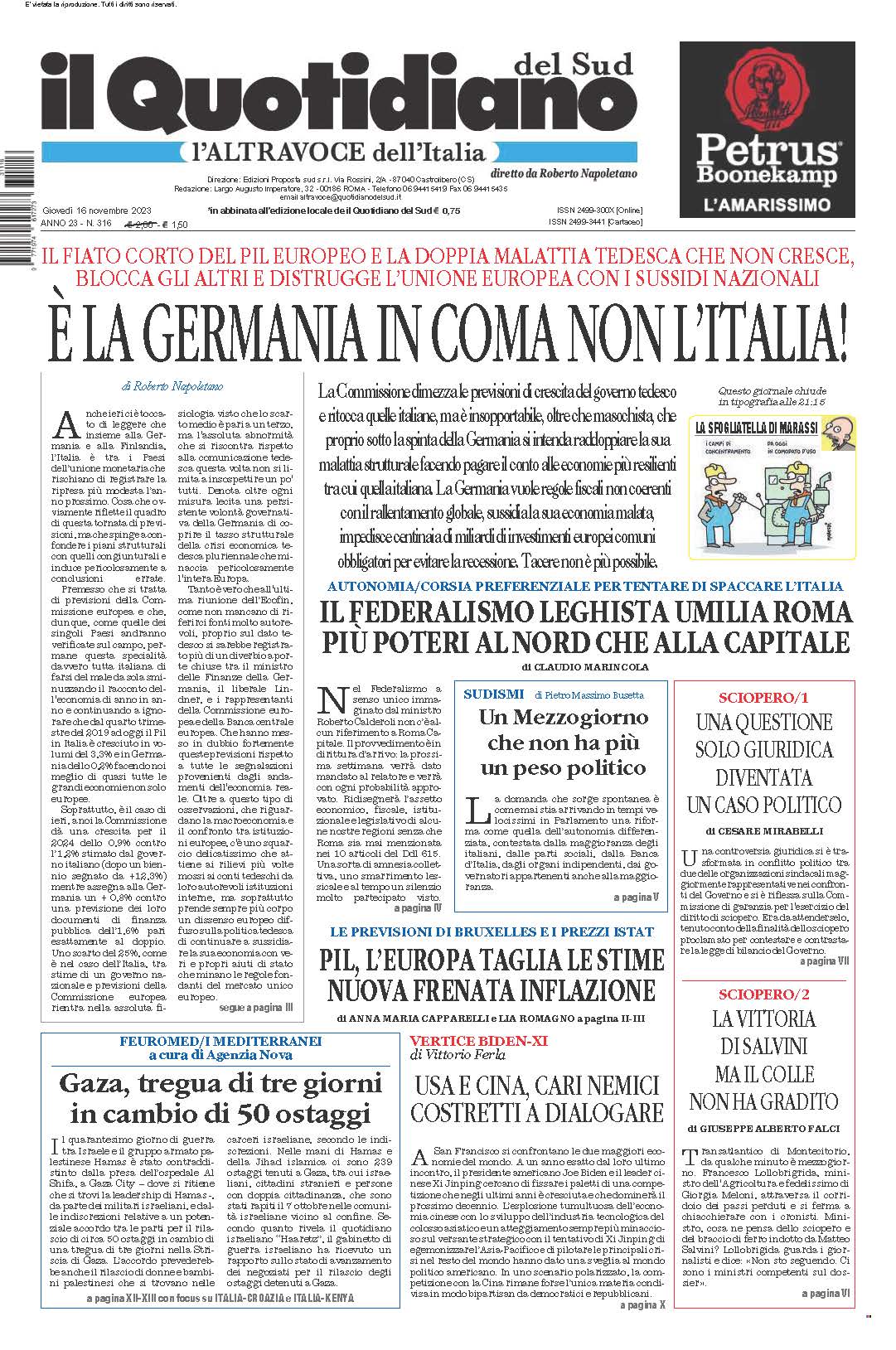 La prima pagina de l’ALTRAVOCE dell’ITALIA in edicola oggi