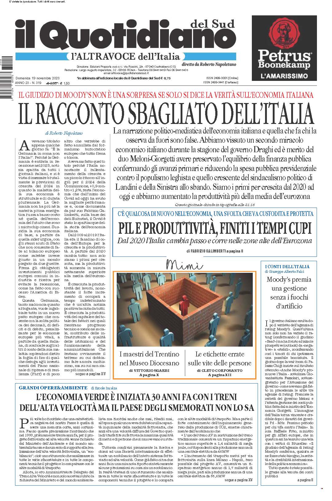 La prima pagina de l’ALTRAVOCE dell’ITALIA in edicola oggi