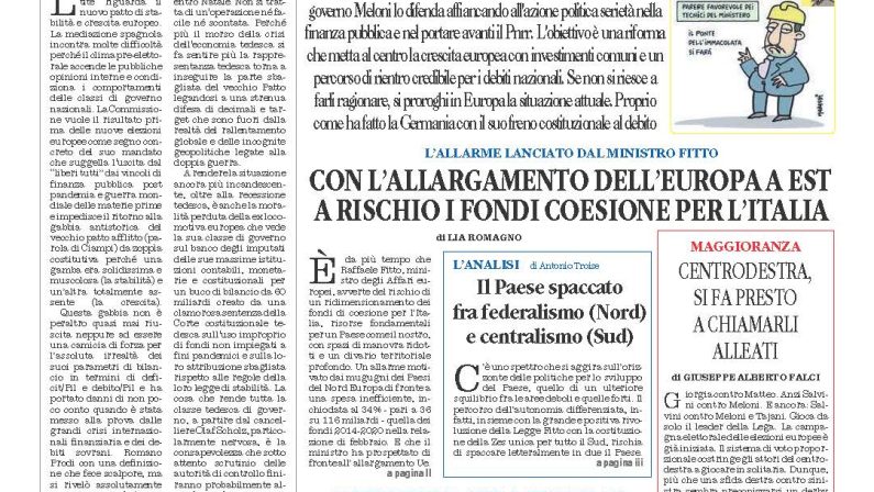 La prima pagina de l’ALTRAVOCE dell’ITALIA in edicola oggi