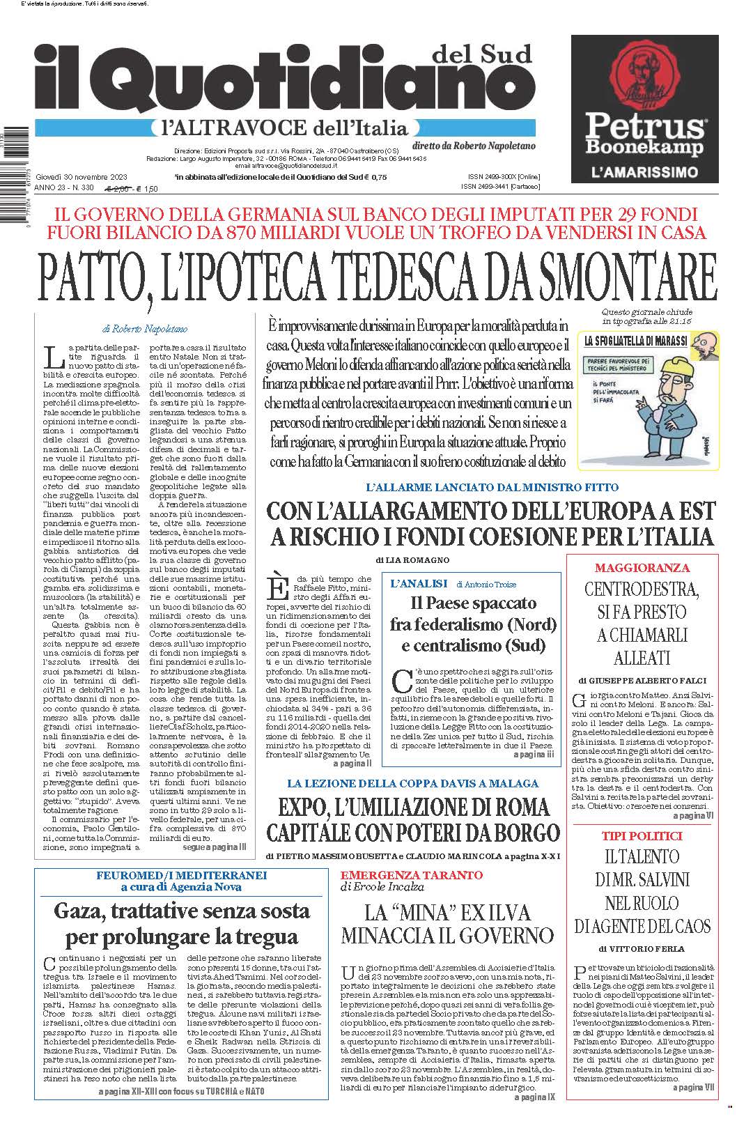 La prima pagina de l’ALTRAVOCE dell’ITALIA in edicola oggi