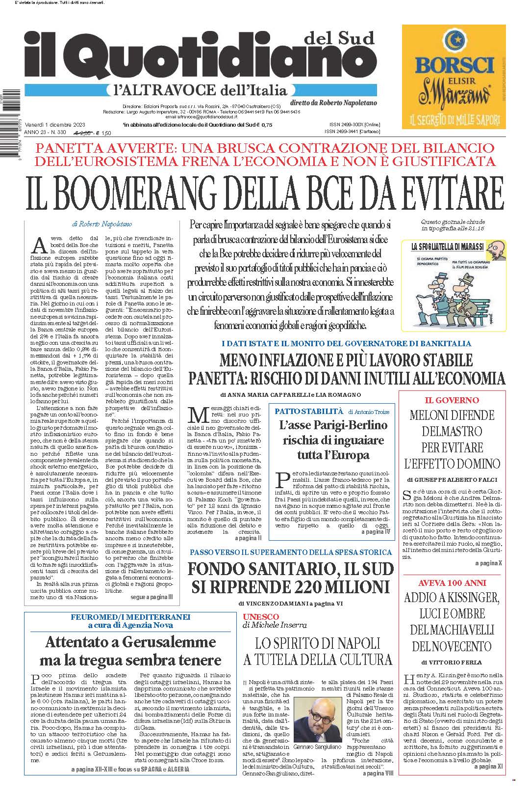 La prima pagina de l’ALTRAVOCE dell’ITALIA in edicola oggi