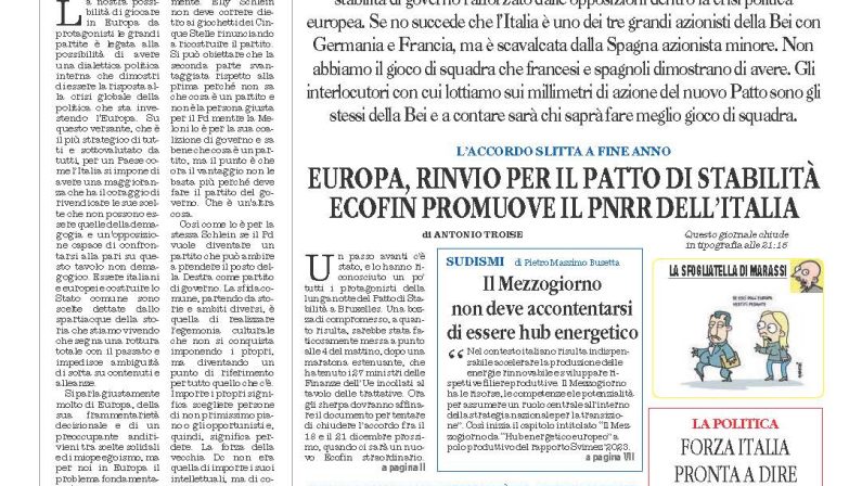 La prima pagina de l’ALTRAVOCE dell’ITALIA in edicola oggi