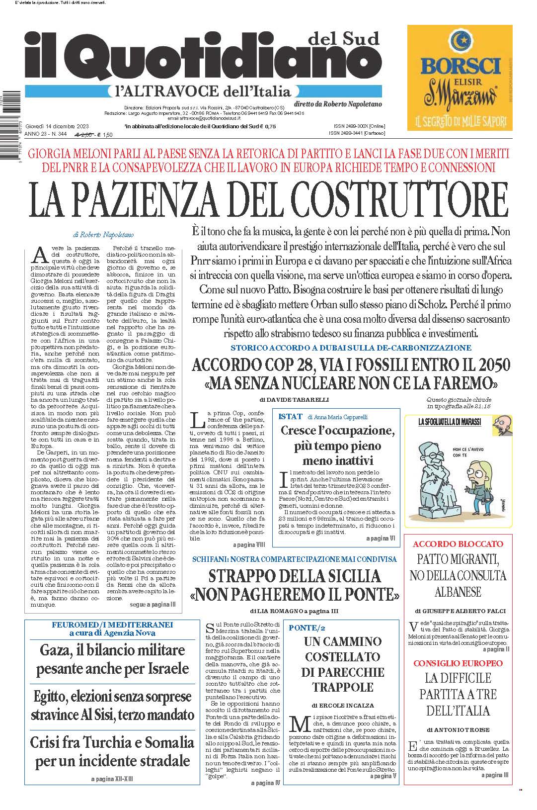 La prima pagina de l’ALTRAVOCE dell’ITALIA in edicola oggi