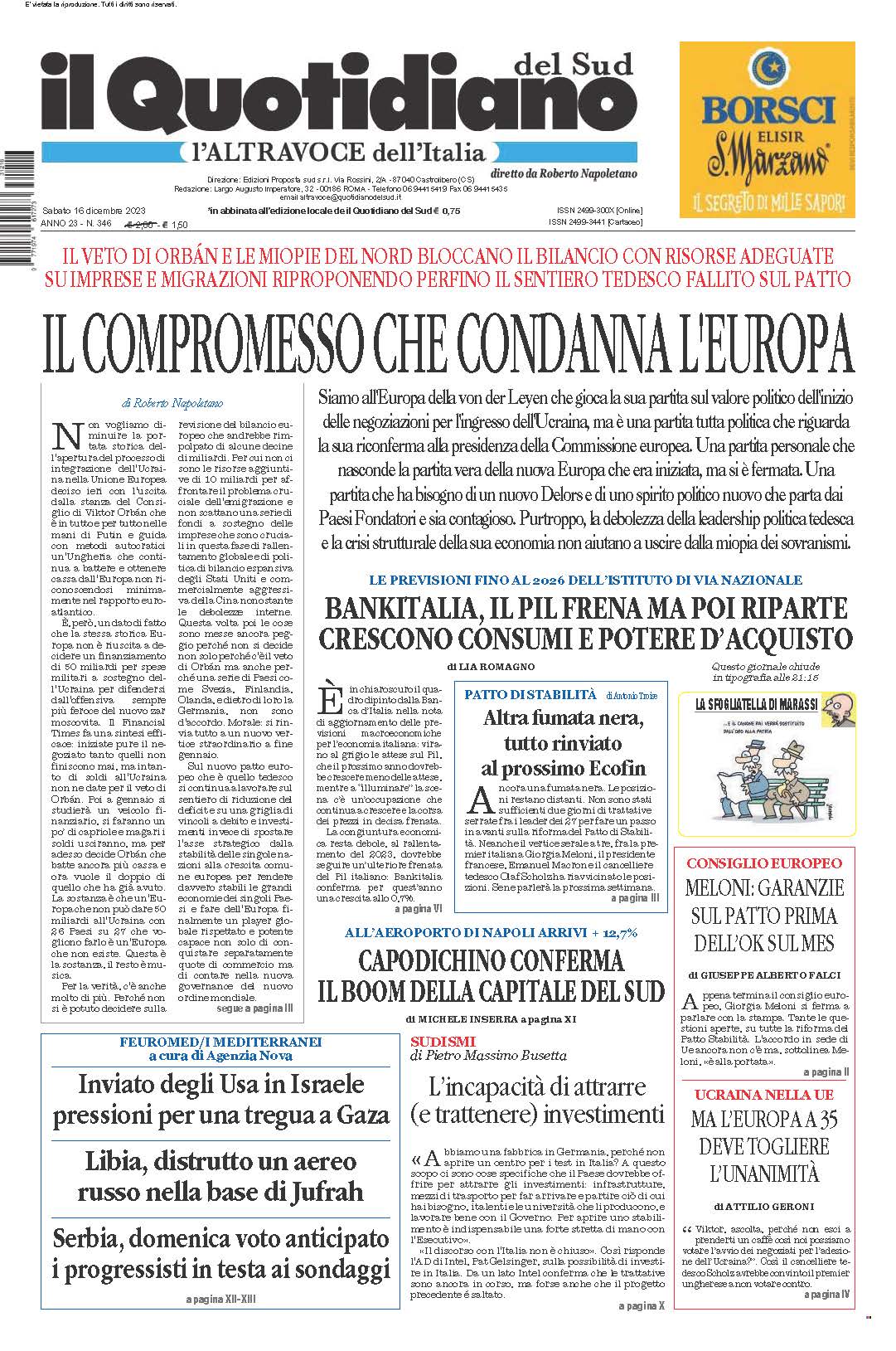 La prima pagina de l’ALTRAVOCE dell’ITALIA in edicola oggi