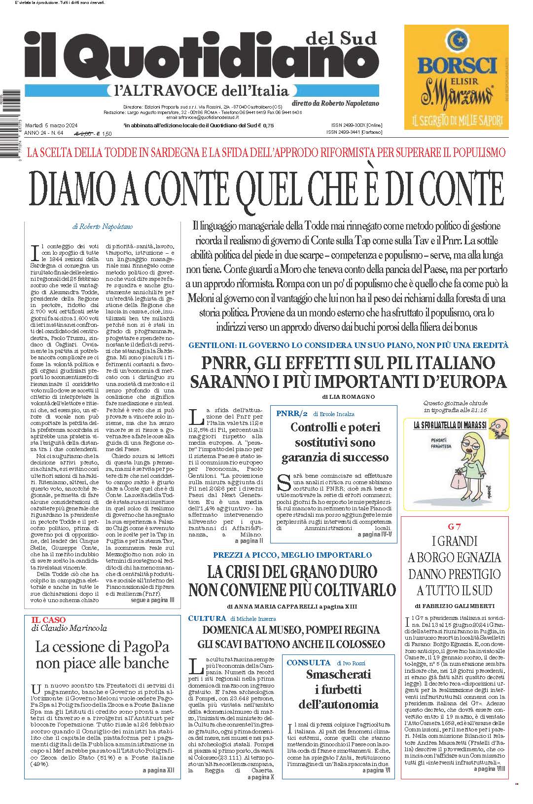 La prima pagina de l’ALTRAVOCE dell’ITALIA in edicola oggi