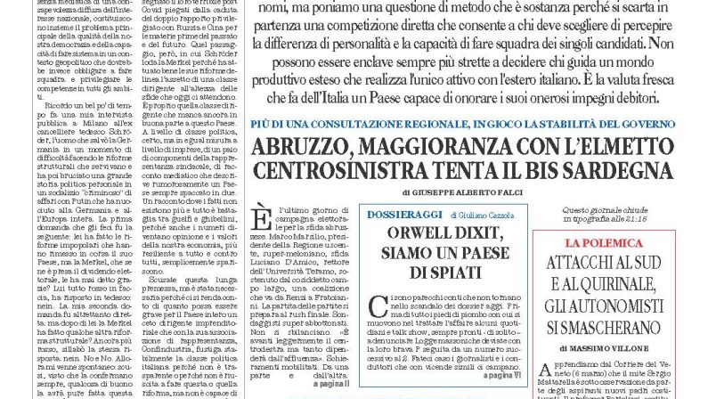 La prima pagina de l’ALTRAVOCE dell’ITALIA in edicola oggi