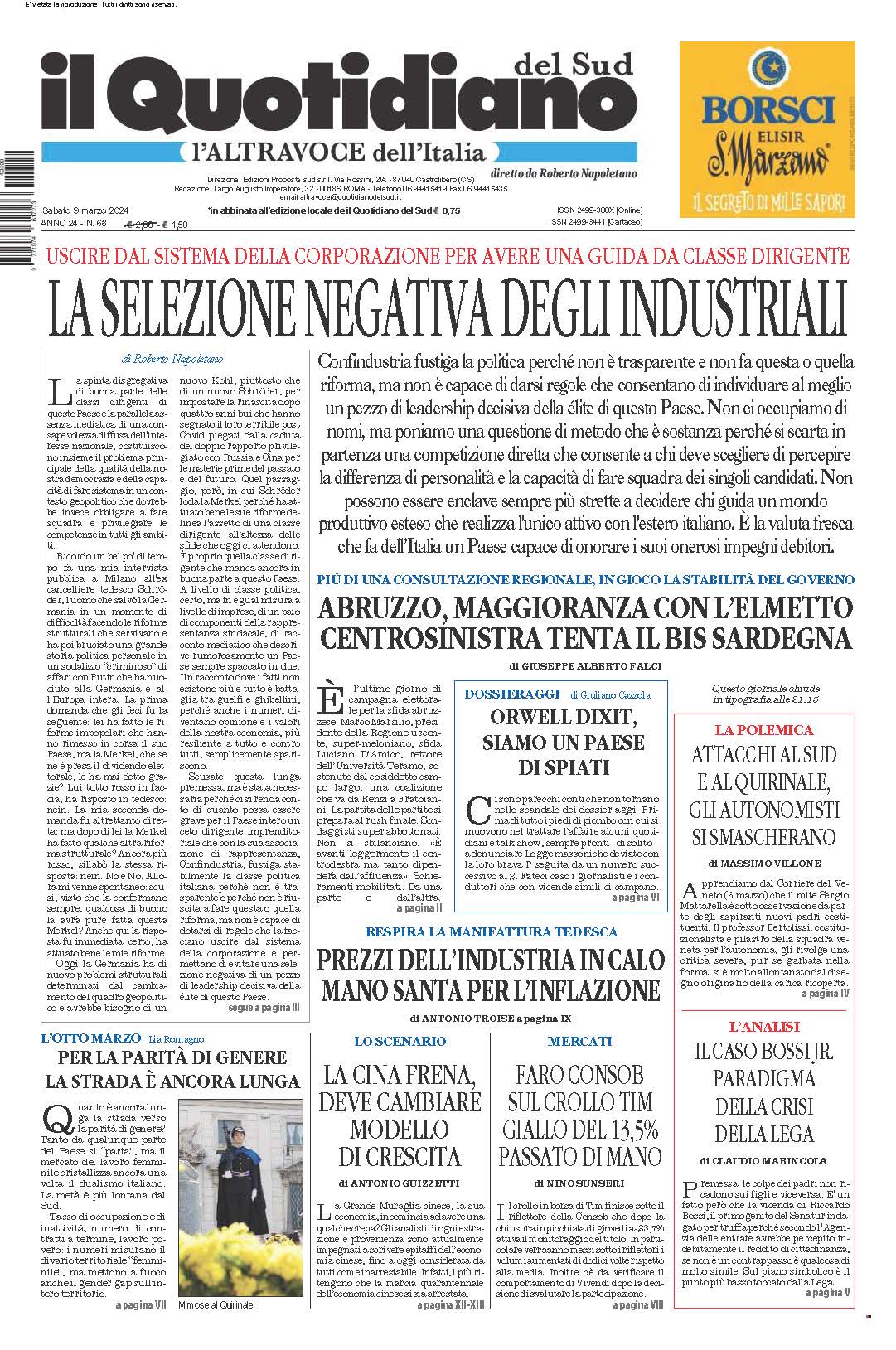 La prima pagina de l’ALTRAVOCE dell’ITALIA in edicola oggi