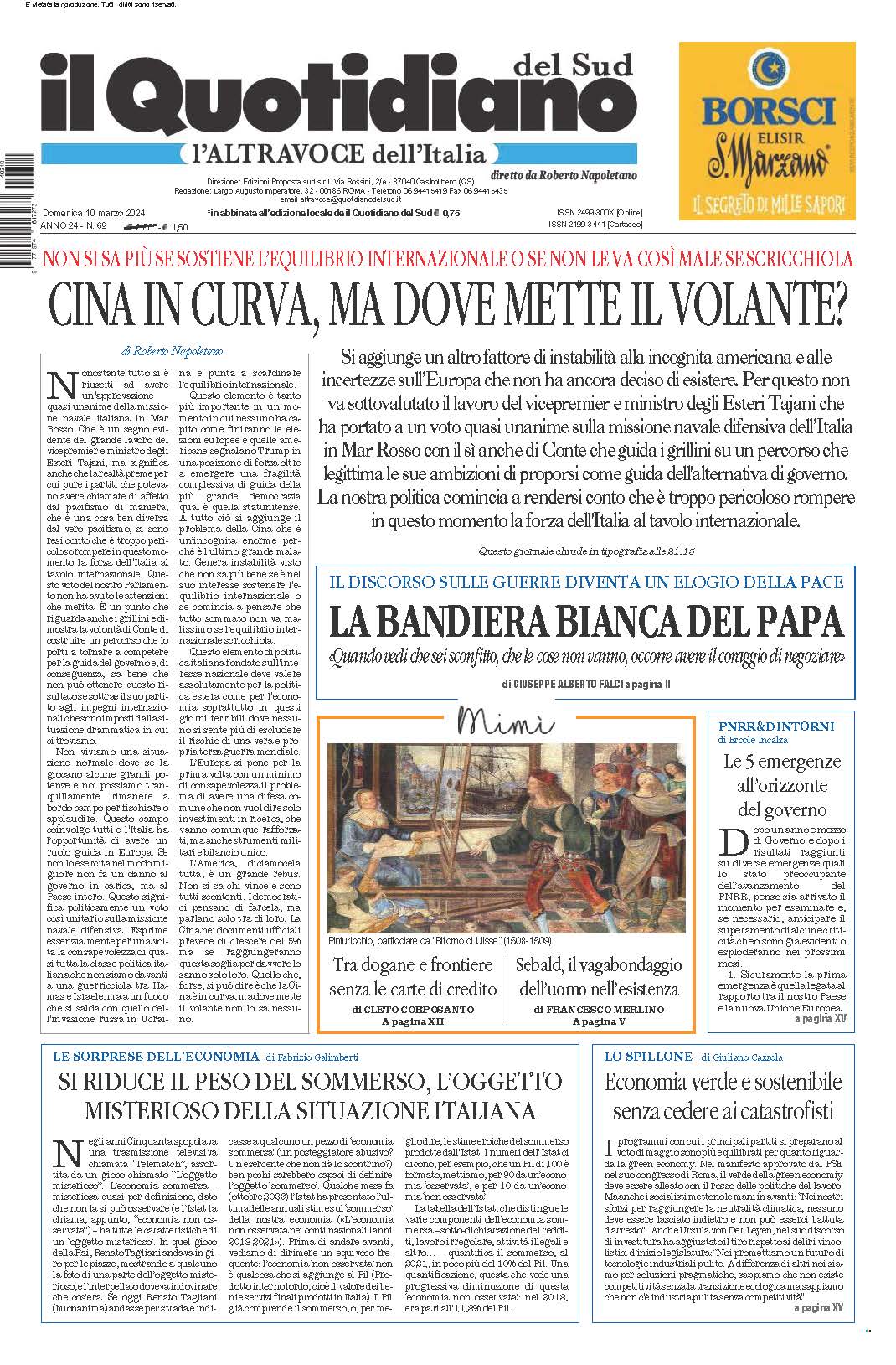 La prima pagina de l’ALTRAVOCE dell’ITALIA in edicola oggi