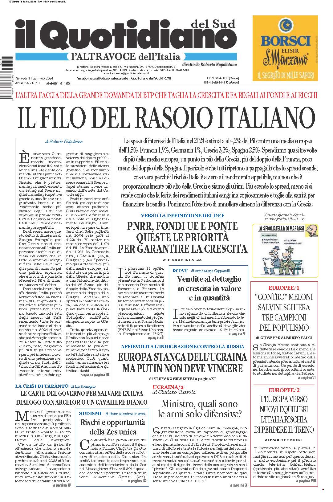 La prima pagina de l’ALTRAVOCE dell’ITALIA in edicola oggi