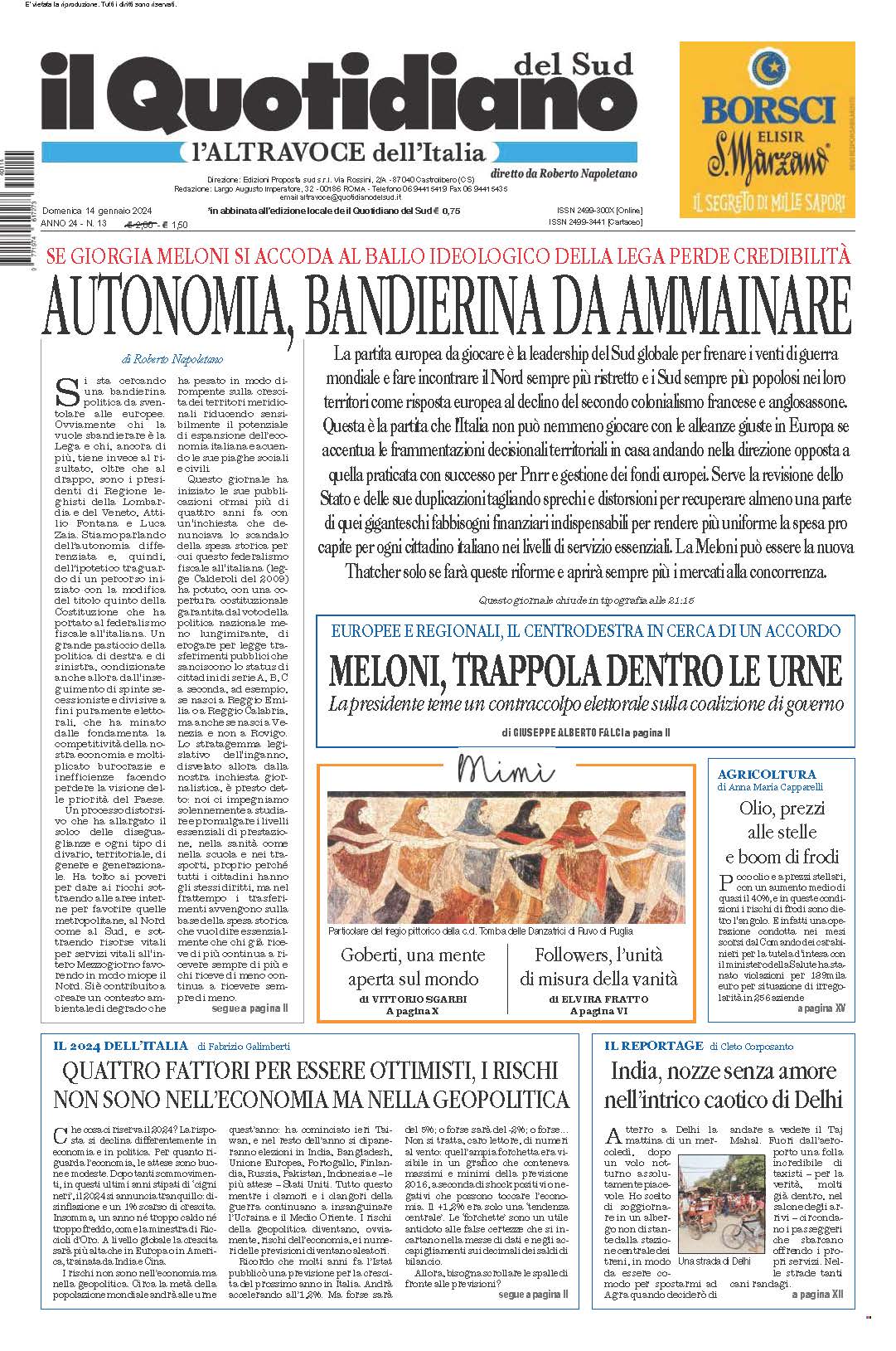 La prima pagina de l’ALTRAVOCE dell’ITALIA in edicola oggi