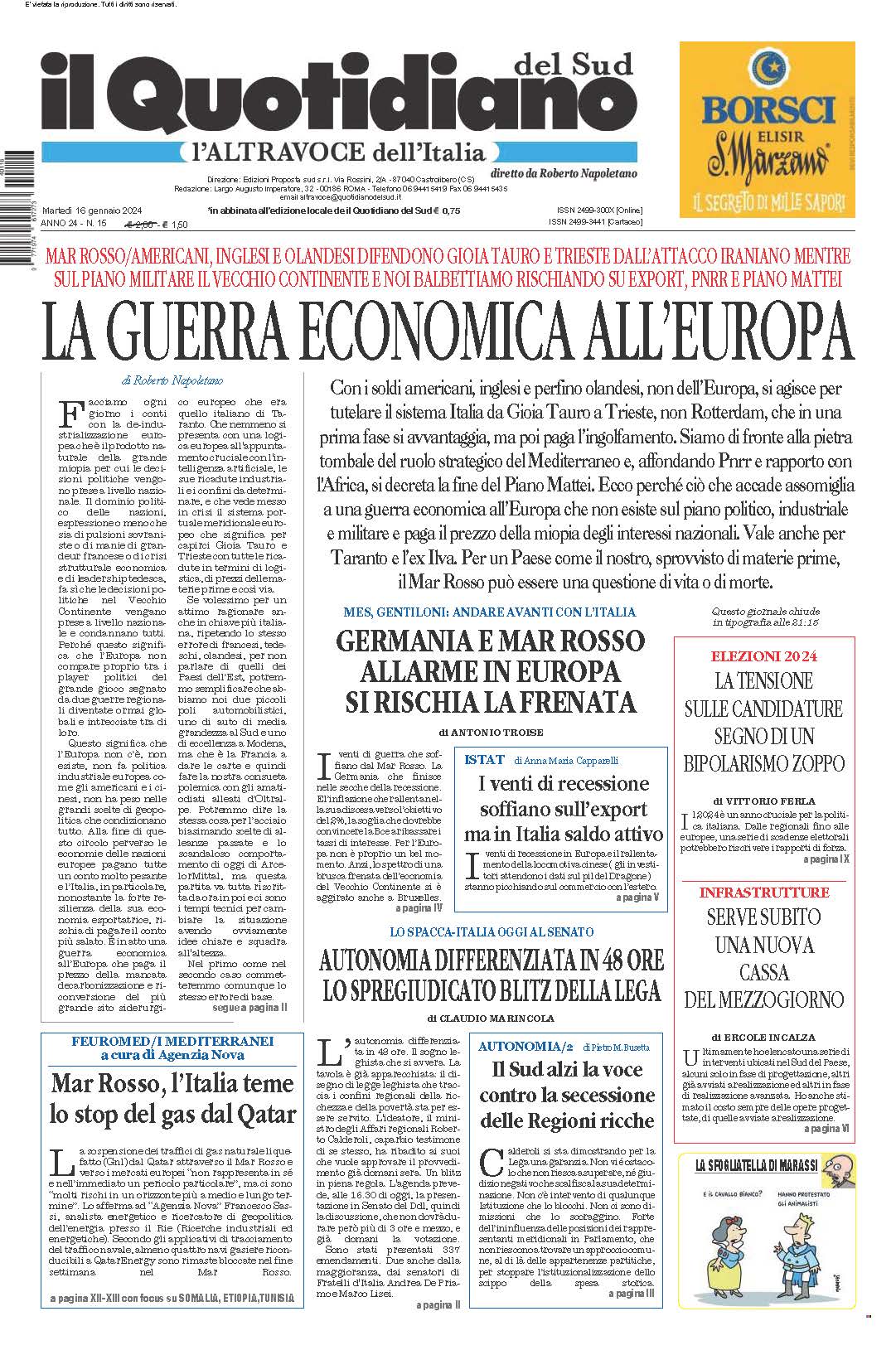 La prima pagina de l’ALTRAVOCE dell’ITALIA in edicola oggi