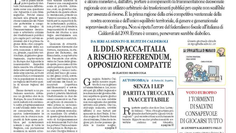 La prima pagina de l’ALTRAVOCE dell’ITALIA in edicola oggi