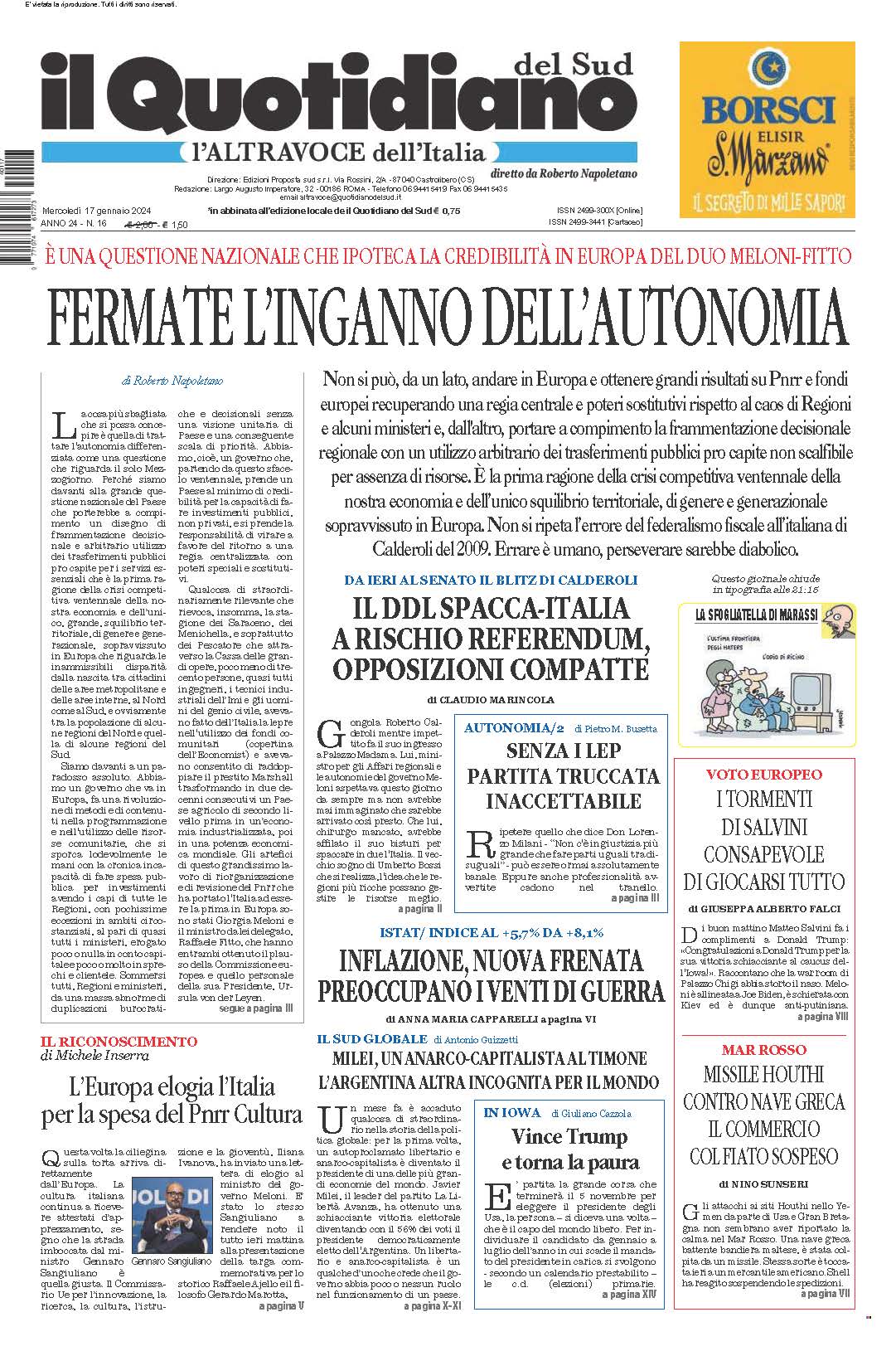 La prima pagina de l’ALTRAVOCE dell’ITALIA in edicola oggi