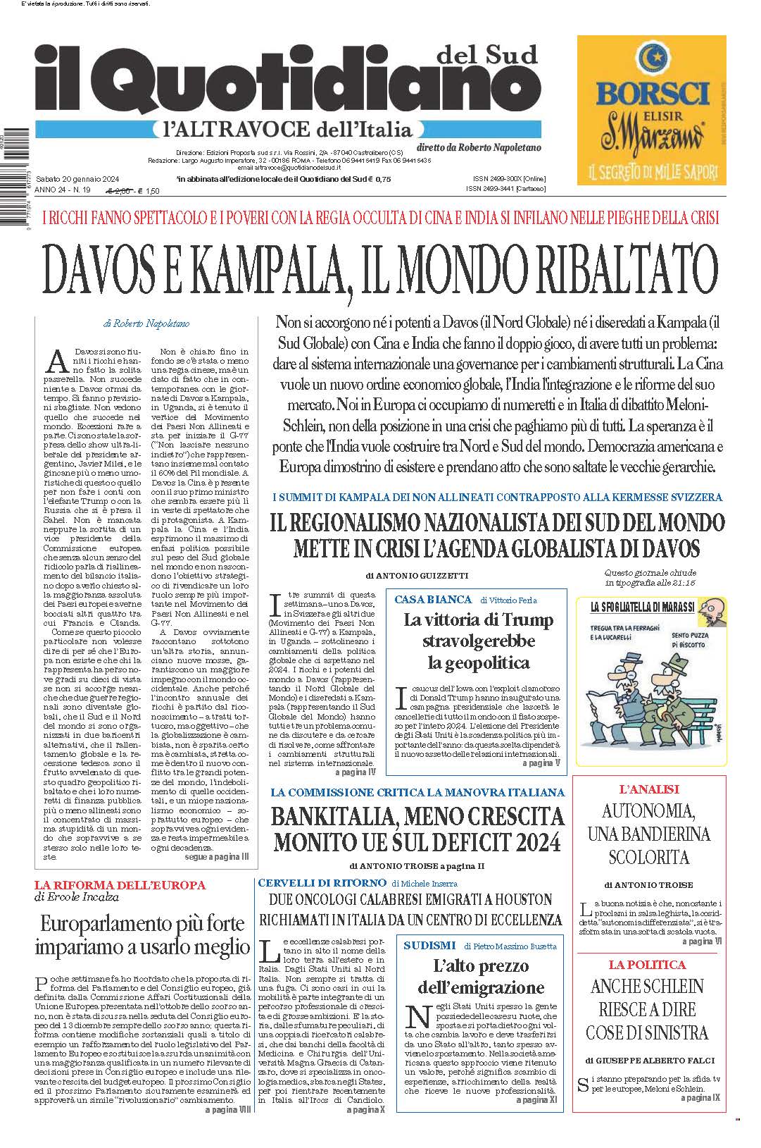 La prima pagina de l’ALTRAVOCE dell’ITALIA in edicola oggi