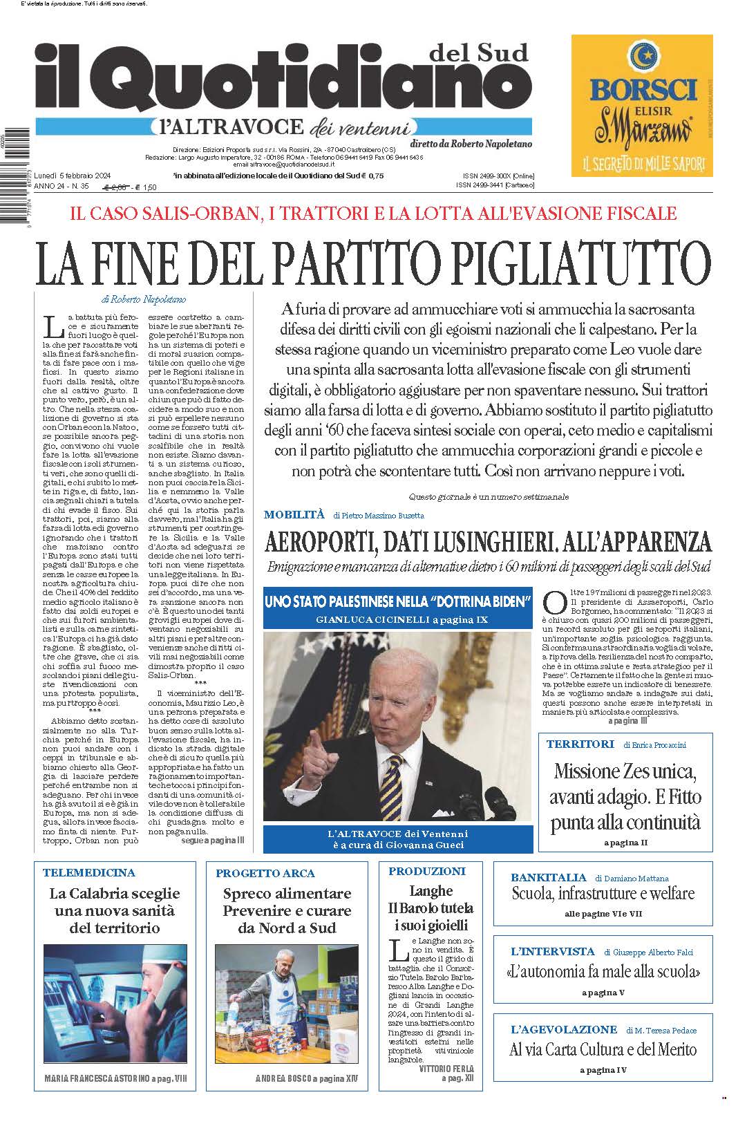 La prima pagina de l’ALTRAVOCE dell’ITALIA in edicola oggi