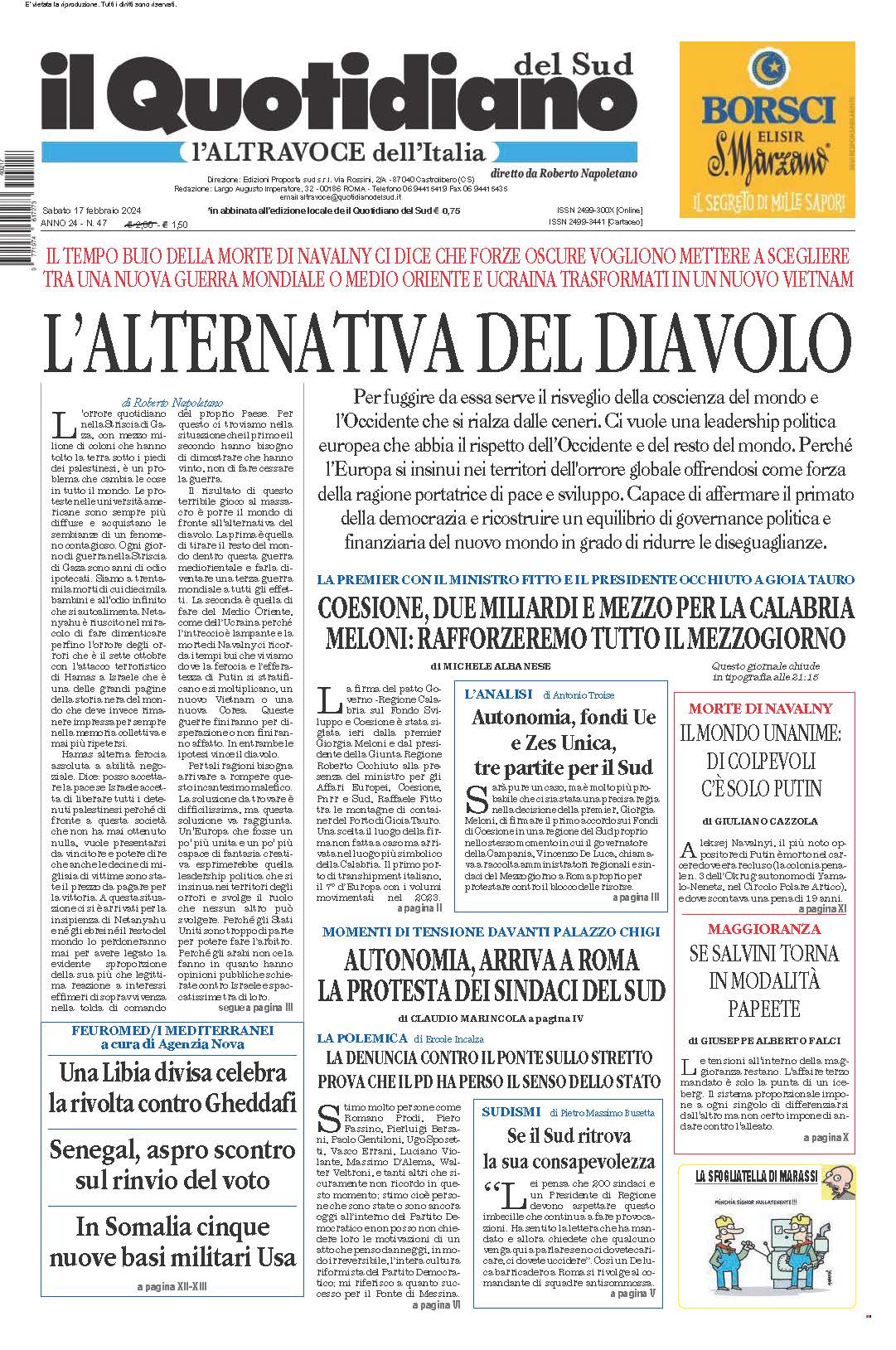 La prima pagina de l’ALTRAVOCE dell’ITALIA in edicola oggi