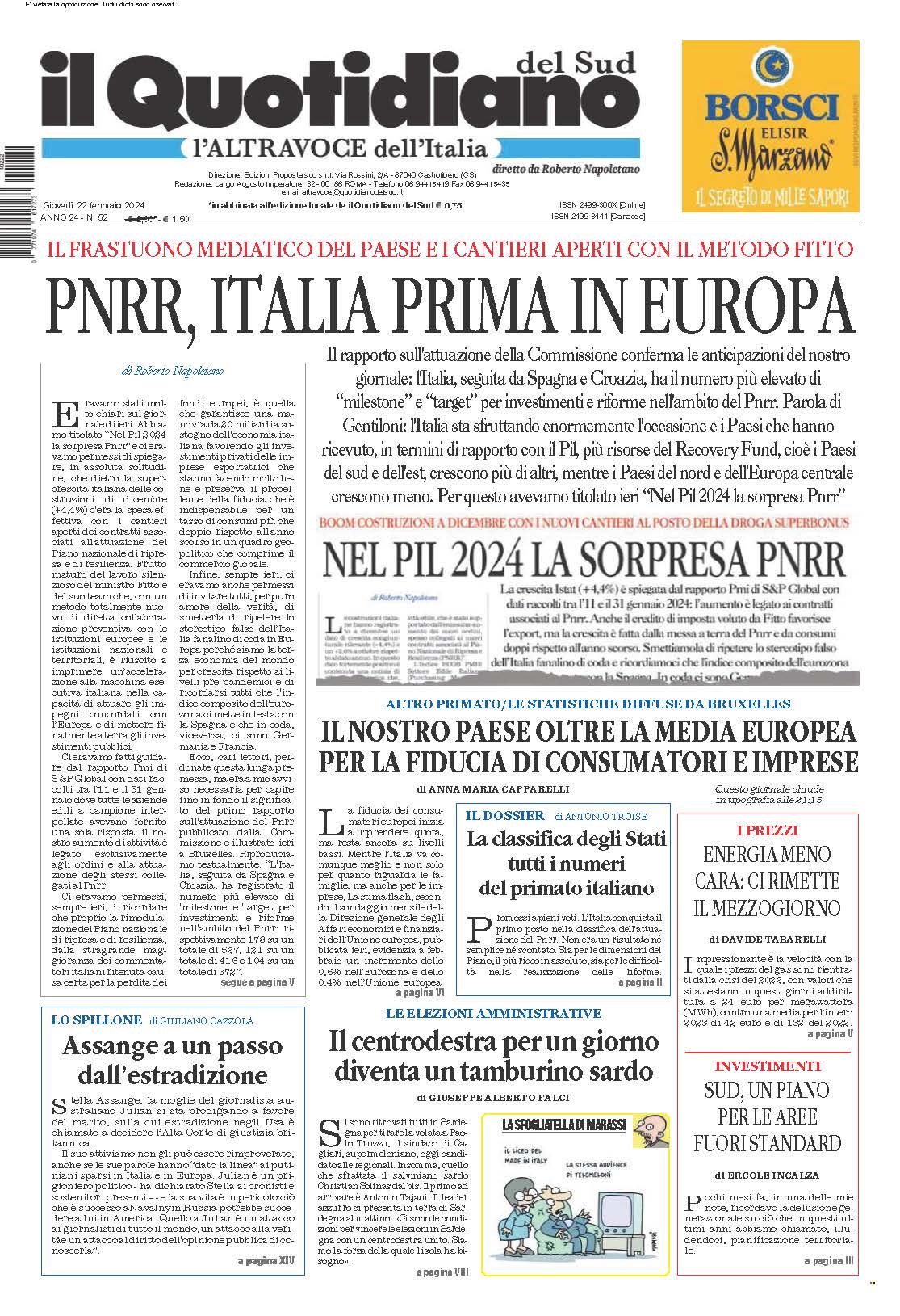 La prima pagina de l’ALTRAVOCE dell’ITALIA in edicola oggi