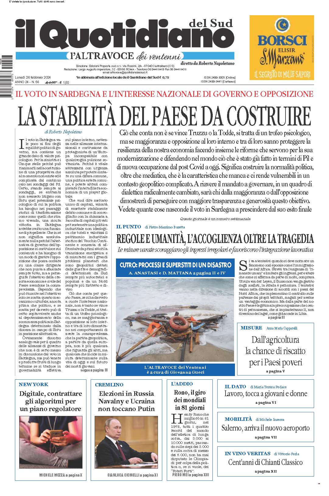 La prima pagina de l’ALTRAVOCE dell’ITALIA in edicola oggi