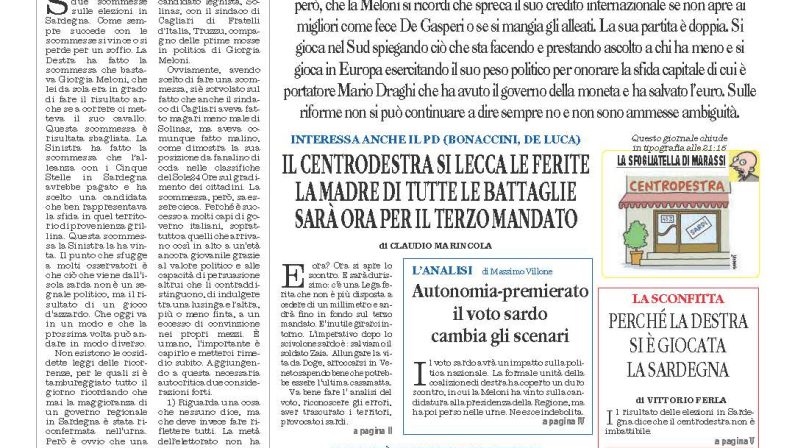 La prima pagina de l’ALTRAVOCE dell’ITALIA in edicola oggi