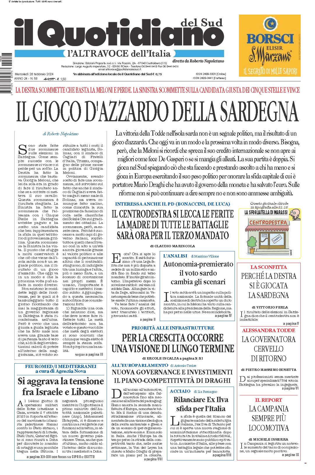 La prima pagina de l’ALTRAVOCE dell’ITALIA in edicola oggi