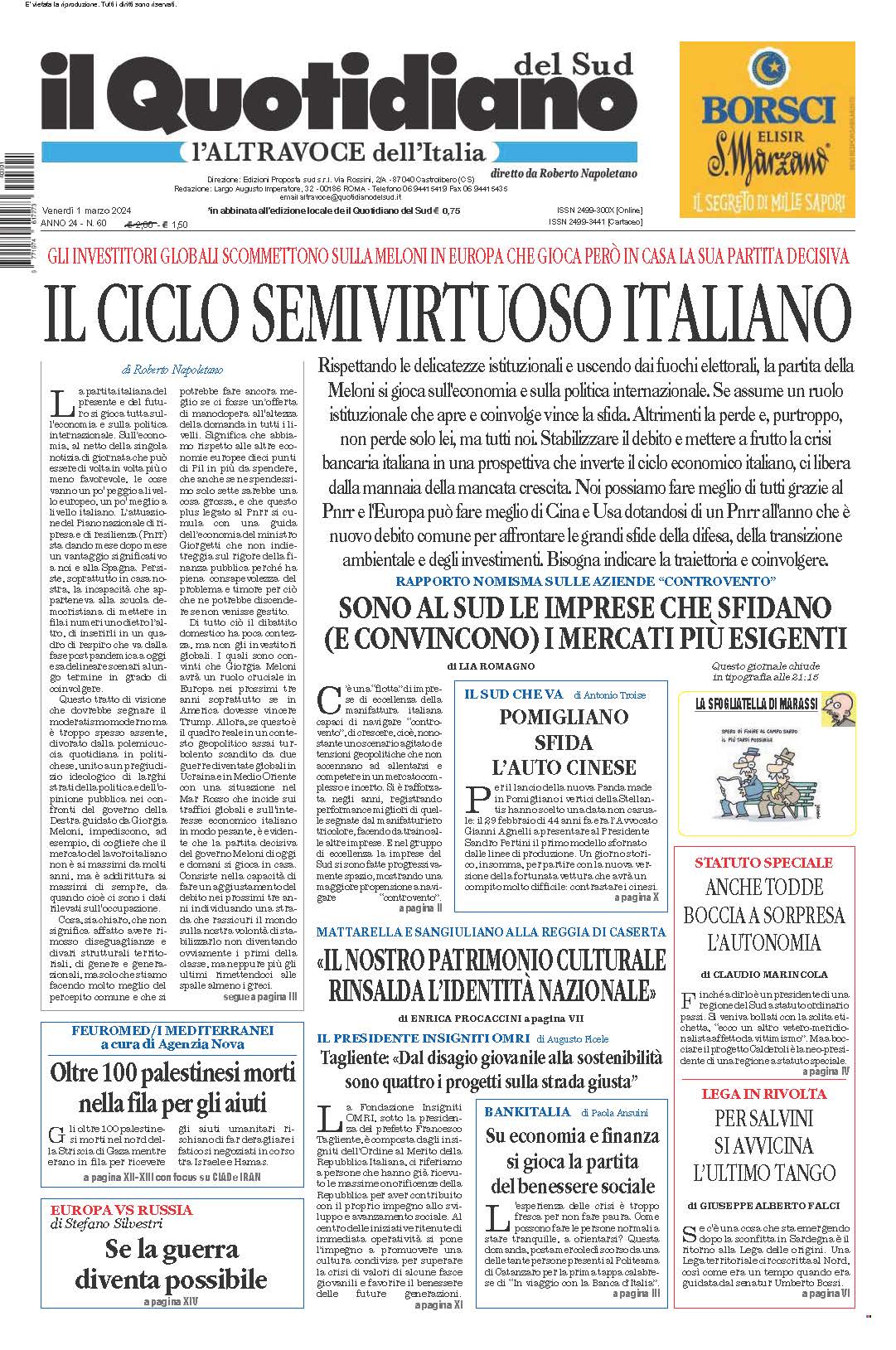 La prima pagina de l’ALTRAVOCE dell’ITALIA in edicola oggi