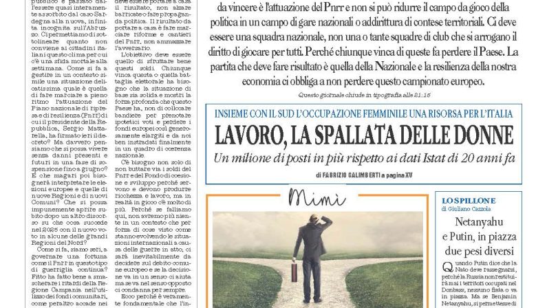 La prima pagina de l’ALTRAVOCE dell’ITALIA in edicola oggi