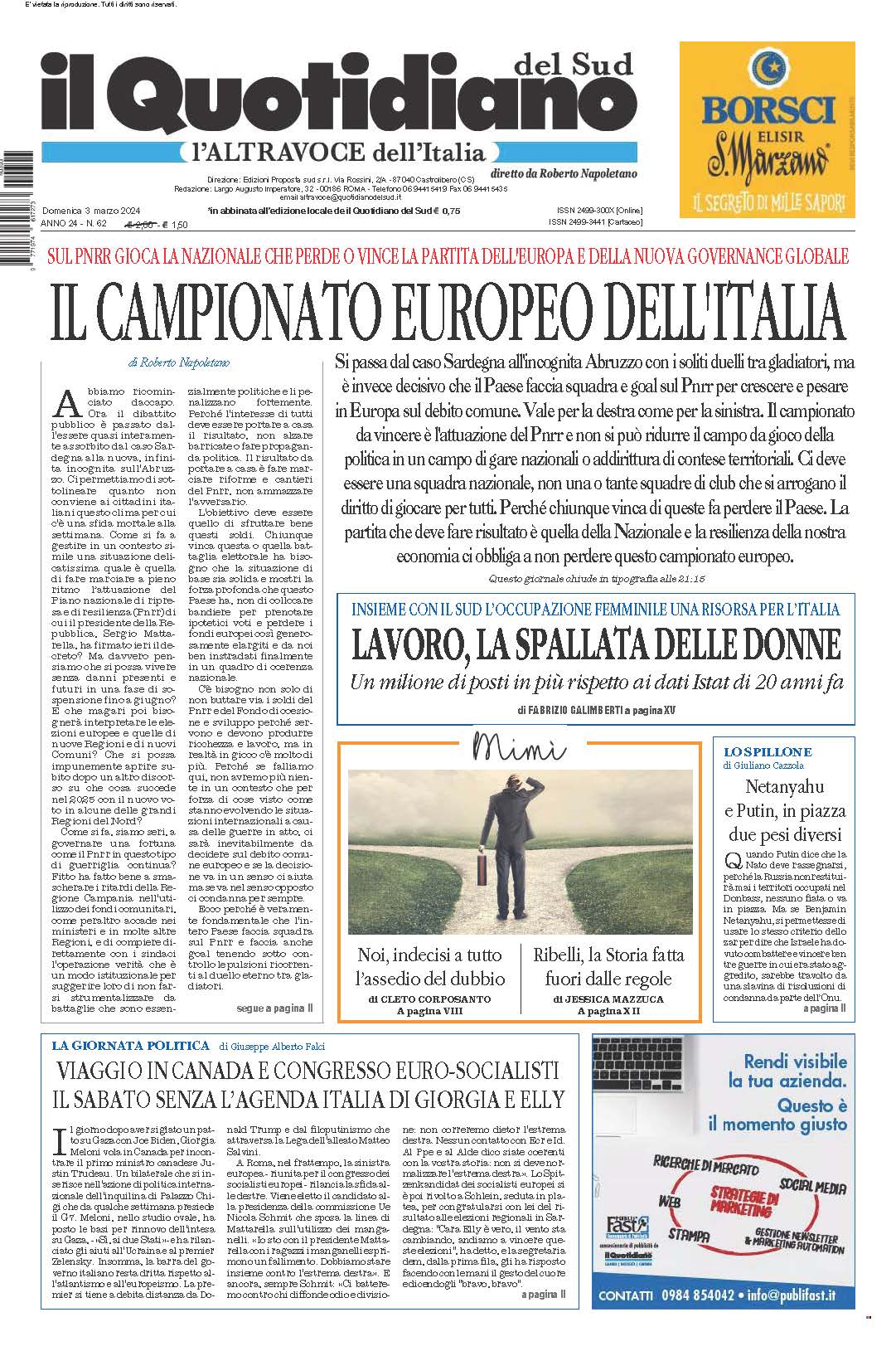 La prima pagina de l’ALTRAVOCE dell’ITALIA in edicola oggi