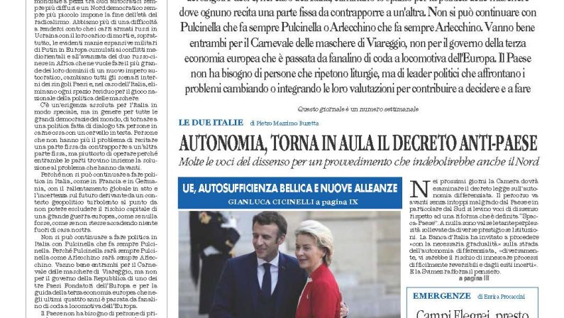 La prima pagina de l’ALTRAVOCE dell’ITALIA in edicola oggi