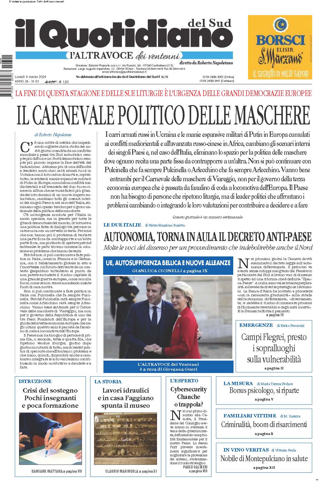 La prima pagina de l’ALTRAVOCE dell’ITALIA in edicola oggi