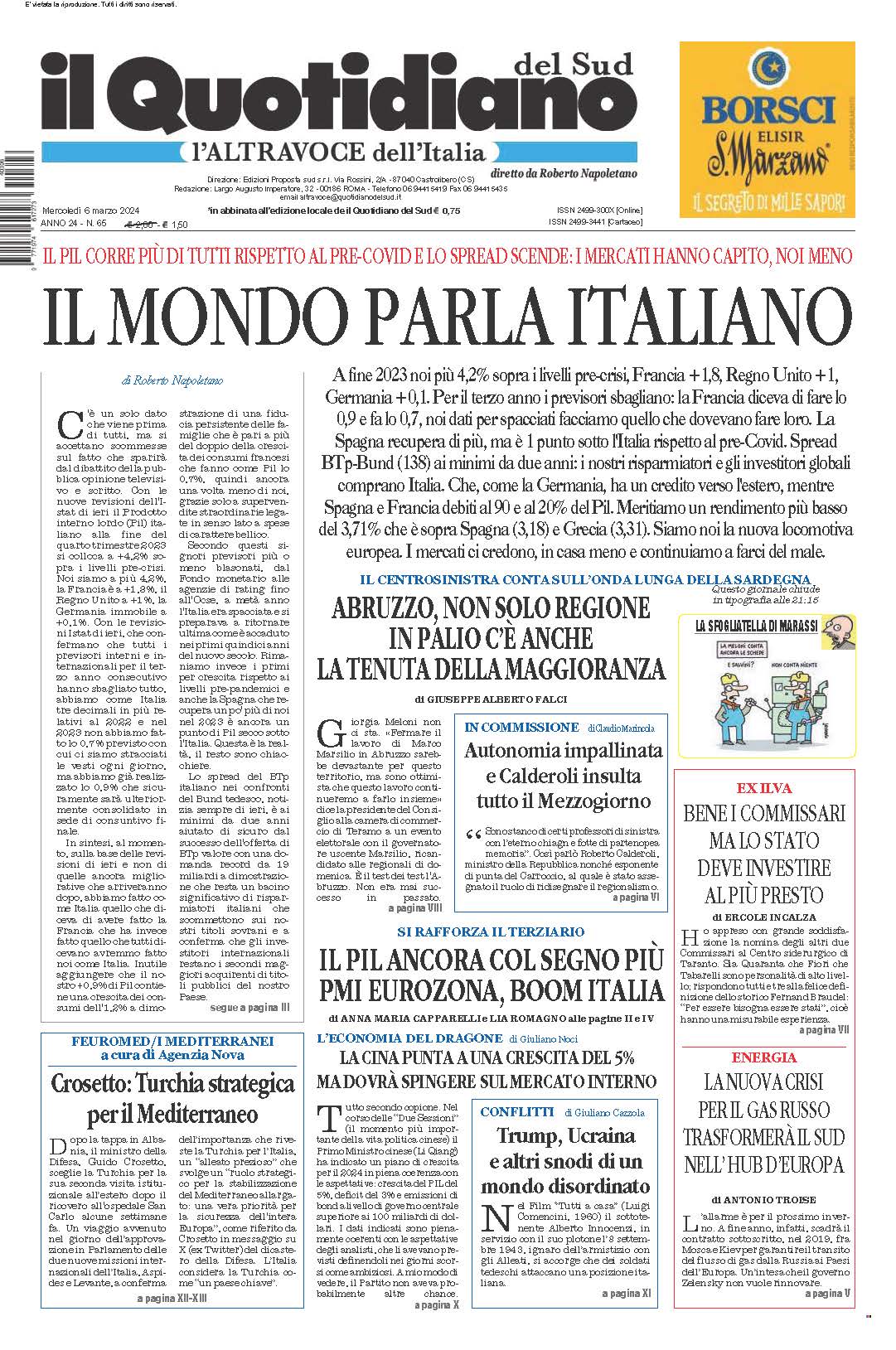 La prima pagina de l’ALTRAVOCE dell’ITALIA in edicola oggi